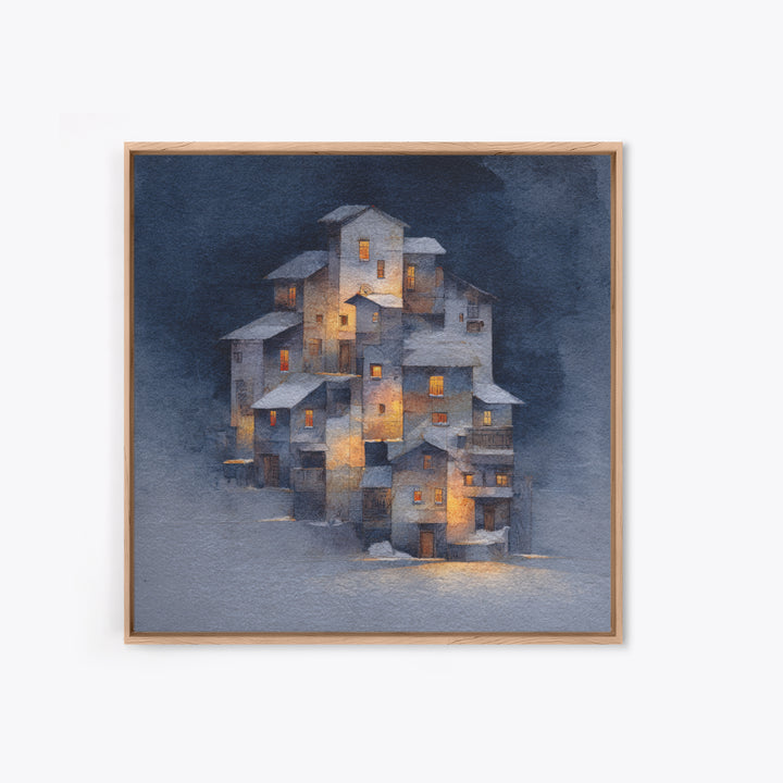 Snowy Village with Warm Glowing Windows Framed Canvas Print, Impressionist Art, Boho Decor, Living Room Decor, Oil Painting, IMP-1x1-61