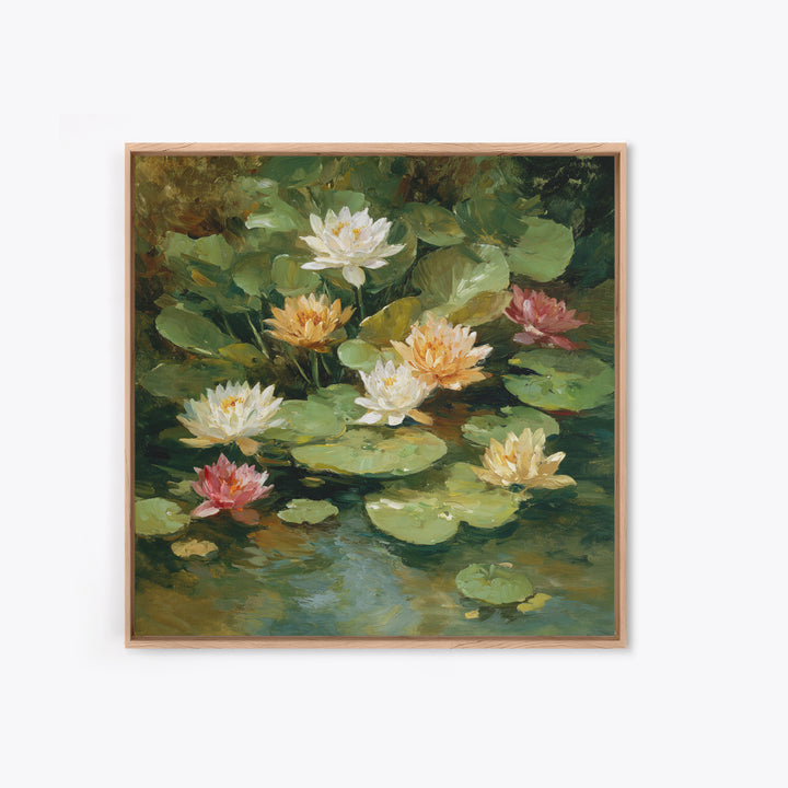 Water Lilies Floating on a Sunlit Pond Framed Canvas Print, Impressionist Art, Living Room Decor, Watercolor Art, Impression, IMP-1x1-73