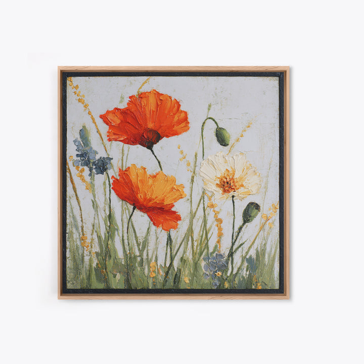 Poppies Blowing Through Green Grass Framed Canvas Print, Impressionist Art, Landscape Art, Living Room Decor, Abstract Art, IMP-1x1-84