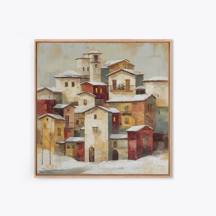 Snowy Village with Warm Glowing Windows Canvas Print, Impressionist Art, Minimalist Decor, Living Room Decor, Impression, IMP-1x1-85