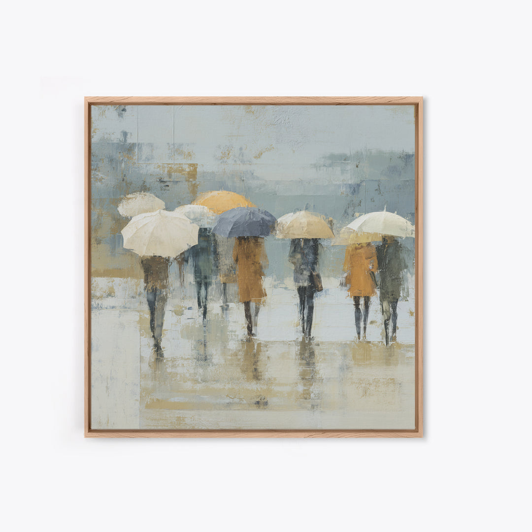 Rainy Boulevard with Umbrella Shapes Framed Canvas Print, Impressionist Art, Wall Art, Living Room Decor, Abstract Art, IMP-1x1-93