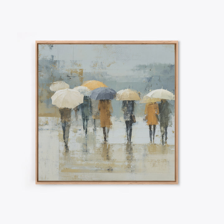 Rainy Boulevard with Umbrella Shapes Framed Canvas Print, Impressionist Art, Wall Art, Living Room Decor, Abstract Art, IMP-1x1-93