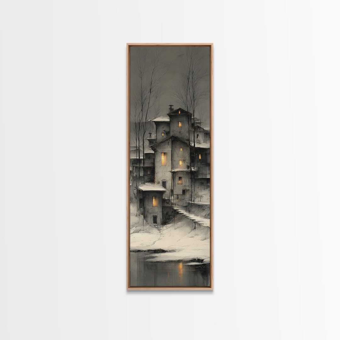 Snowy Village with Warm Glowing Windows Canvas Print, Impressionist Art, Bedroom Decor, Living Room Decor, Fine Art, Impression, IMP-1x3-25