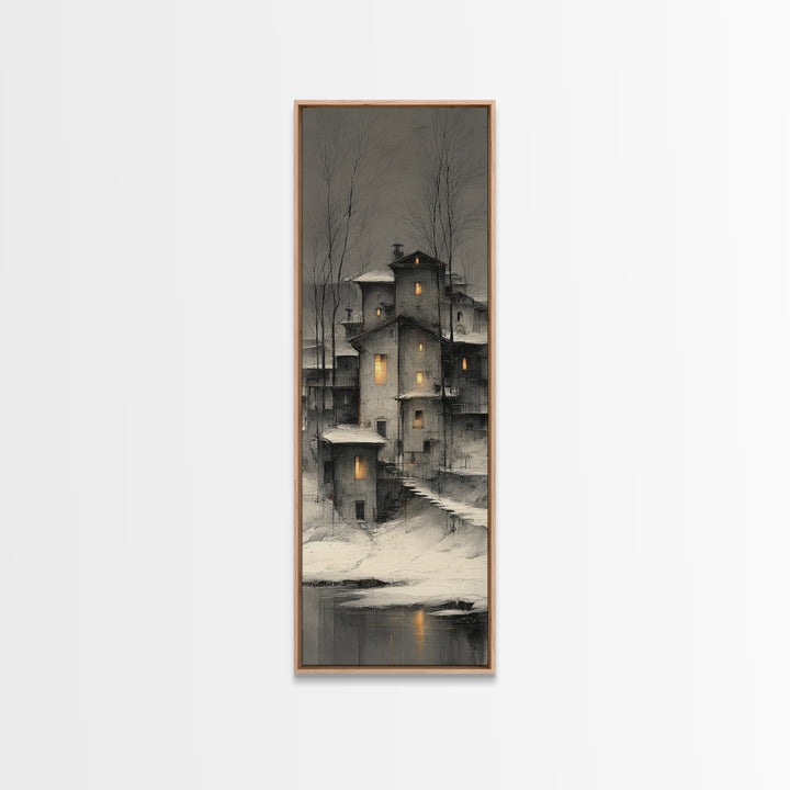 Snowy Village with Warm Glowing Windows Canvas Print, Impressionist Art, Bedroom Decor, Living Room Decor, Fine Art, Impression, IMP-1x3-25