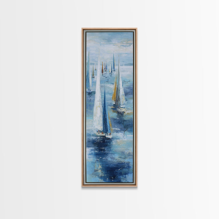 Sailboats on a Bright Sparkling Harbor Framed Canvas Print, Impressionist Art, Wall Art, Living Room Decor, Oil Painting, IMP-1x3-45