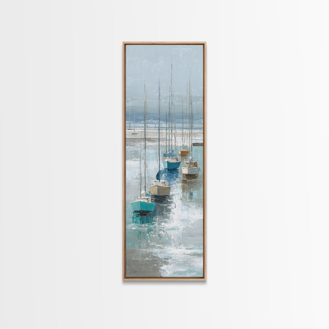 Sailboats on a Bright Sparkling Harbor Framed Canvas Print, Impressionist Art, Wall Art, Living Room Decor, Oil Painting, IMP-1x3-69