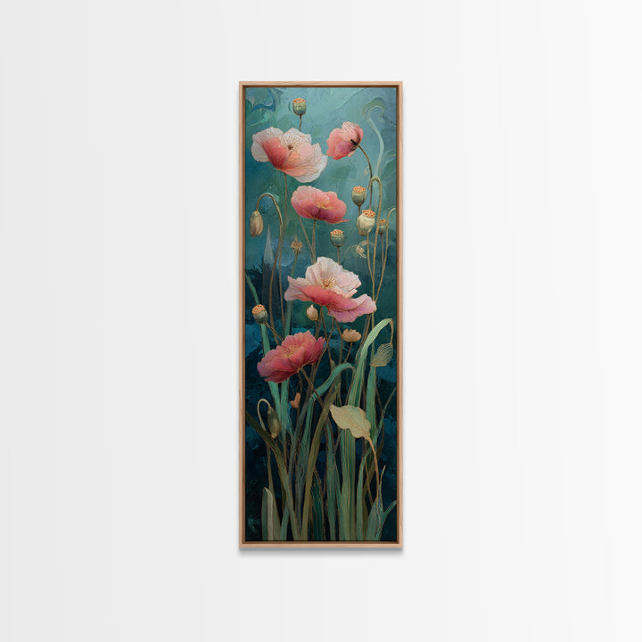 Poppies Blowing Through Green Grass Framed Canvas Print, Impressionist Art, Landscape Art, Living Room Decor, Abstract Art, IMP-1x3-96