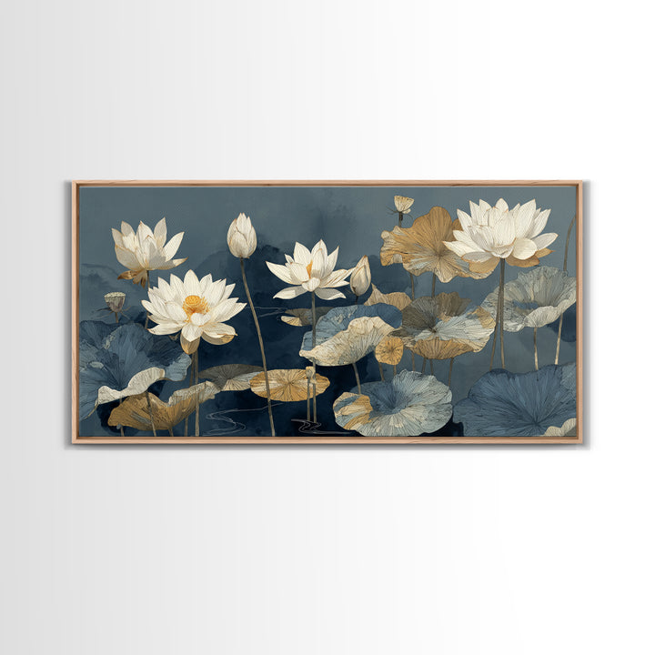 Water Lilies Floating on a Sunlit Pond Canvas Print, Impressionist Art, Oil Painting, Living Room Decor, Impression, IMP-2x1-21