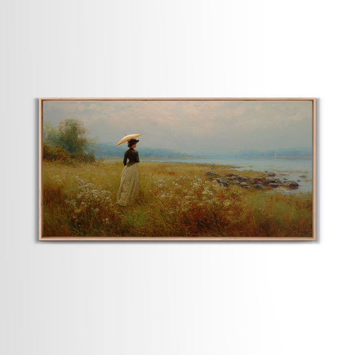 Woman with Parasol in Breezy Meadow Framed Canvas Print, Impressionist Art, Original Art, Living Room Decor, Impression, IMP-2x1-23