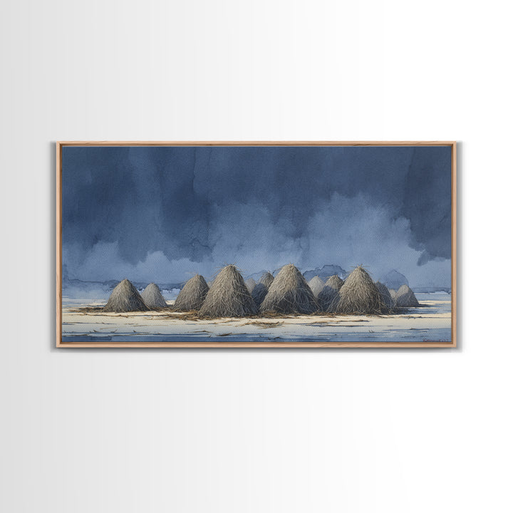 Haystacks Glowing at Golden Hour Framed Canvas Print, Impressionist Art, Minimalist Decor, Living Room Decor, Impression, IMP-2x1-24