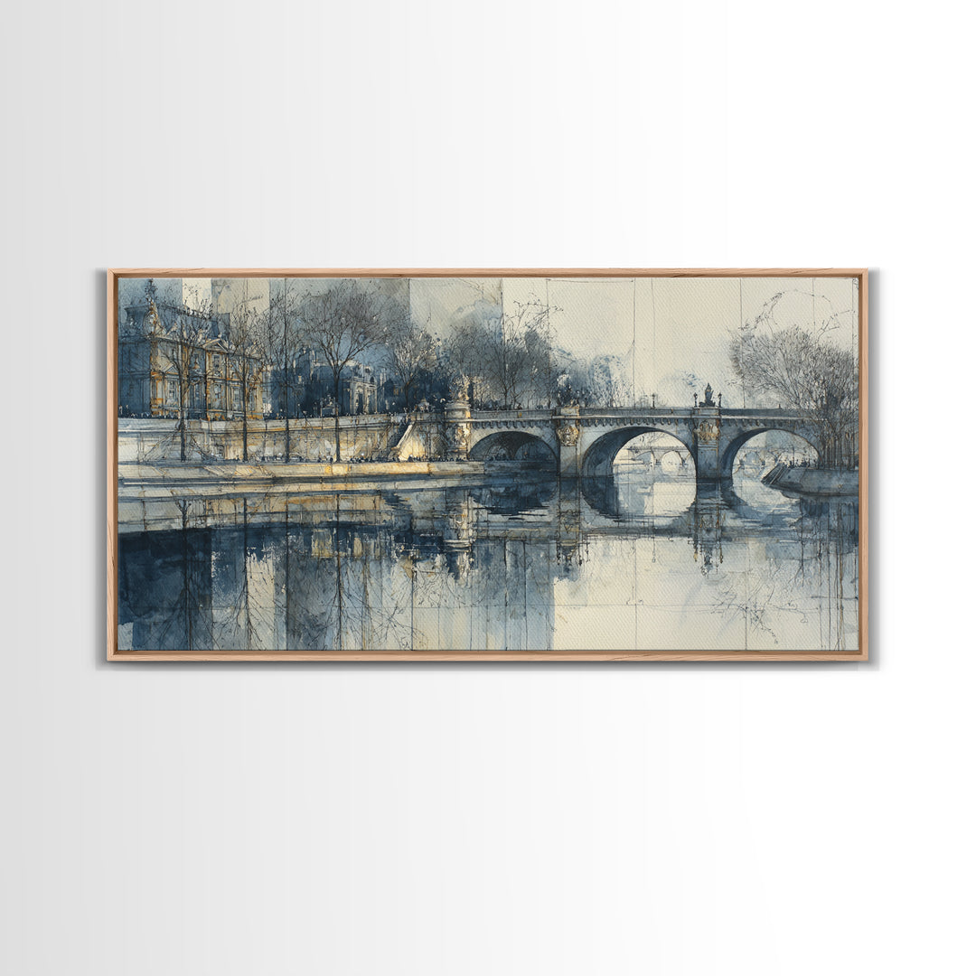 Paris Bridge Reflected Framed Canvas Print, Impressionist Art, Boho Decor, Living Room Decor, Oil Painting, Impression, IMP-2x1-27