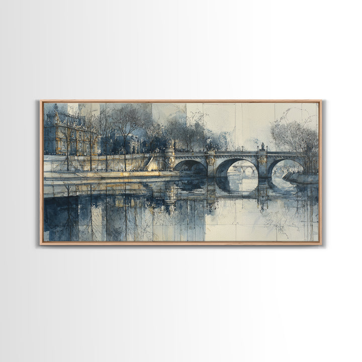 Paris Bridge Reflected Framed Canvas Print, Impressionist Art, Boho Decor, Living Room Decor, Oil Painting, Impression, IMP-2x1-27