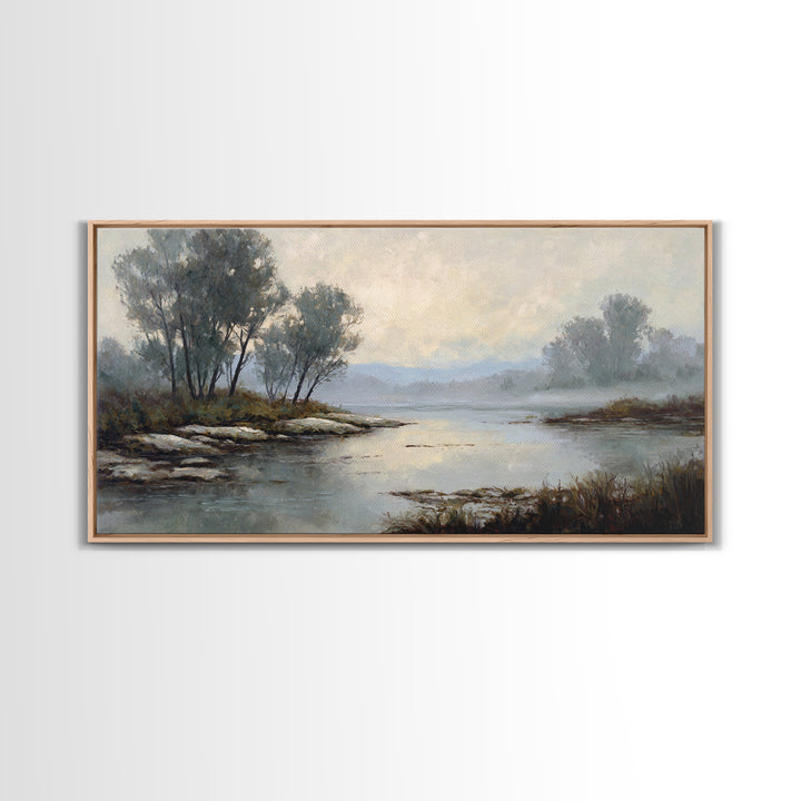 Misty Riverbank with Willow Trees Canvas Print, Impressionist Art, Textured Wall Art, Living Room Decor, Fine Art, Impression, IMP-2x1-31