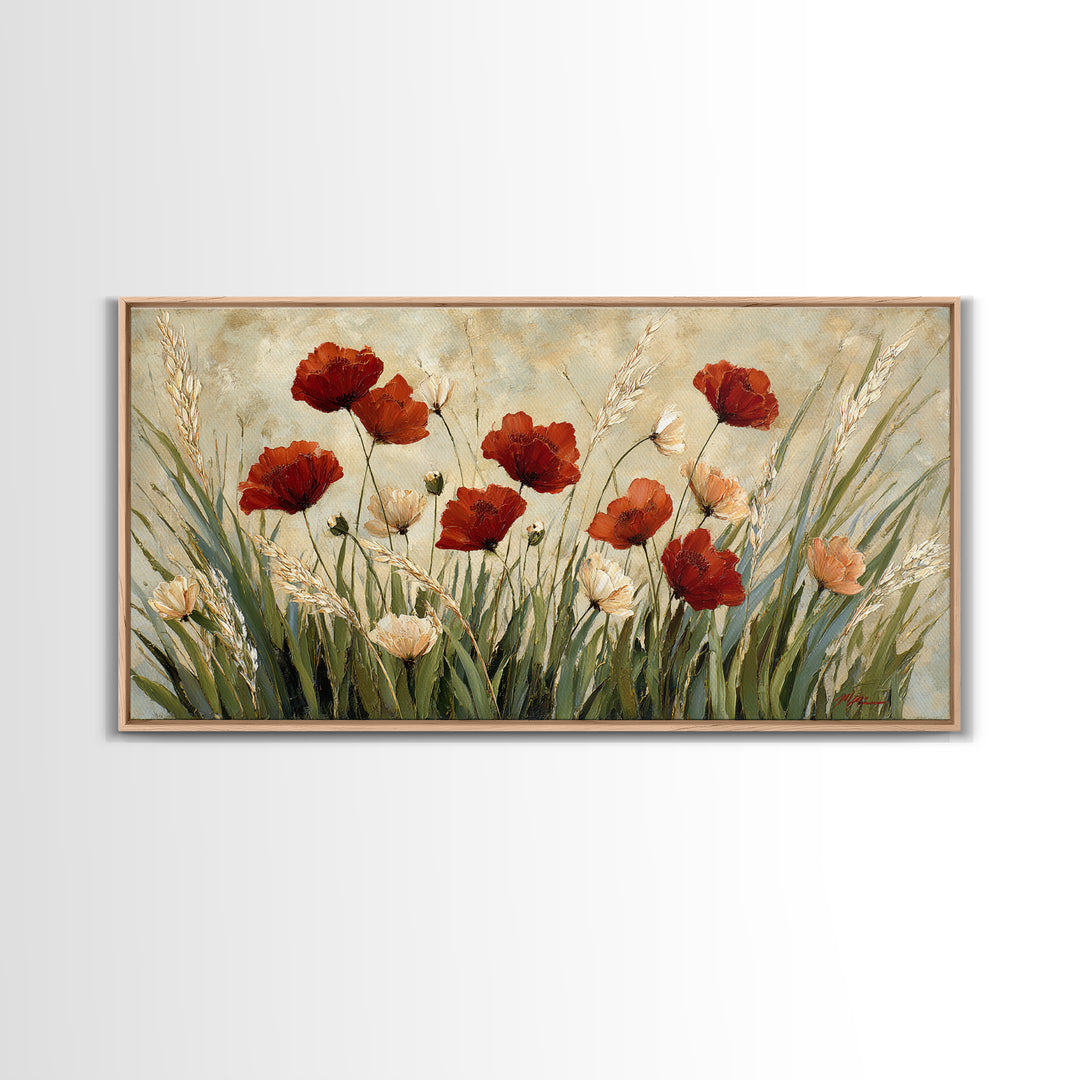 Poppies Blowing Through Green Grass Canvas Print, Impressionist Art, Wall Art, Living Room Decor, Oil Painting, Impression, IMP-2x1-32