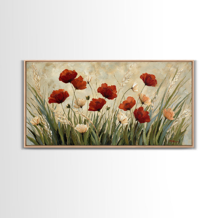 Poppies Blowing Through Green Grass Canvas Print, Impressionist Art, Wall Art, Living Room Decor, Oil Painting, Impression, IMP-2x1-32