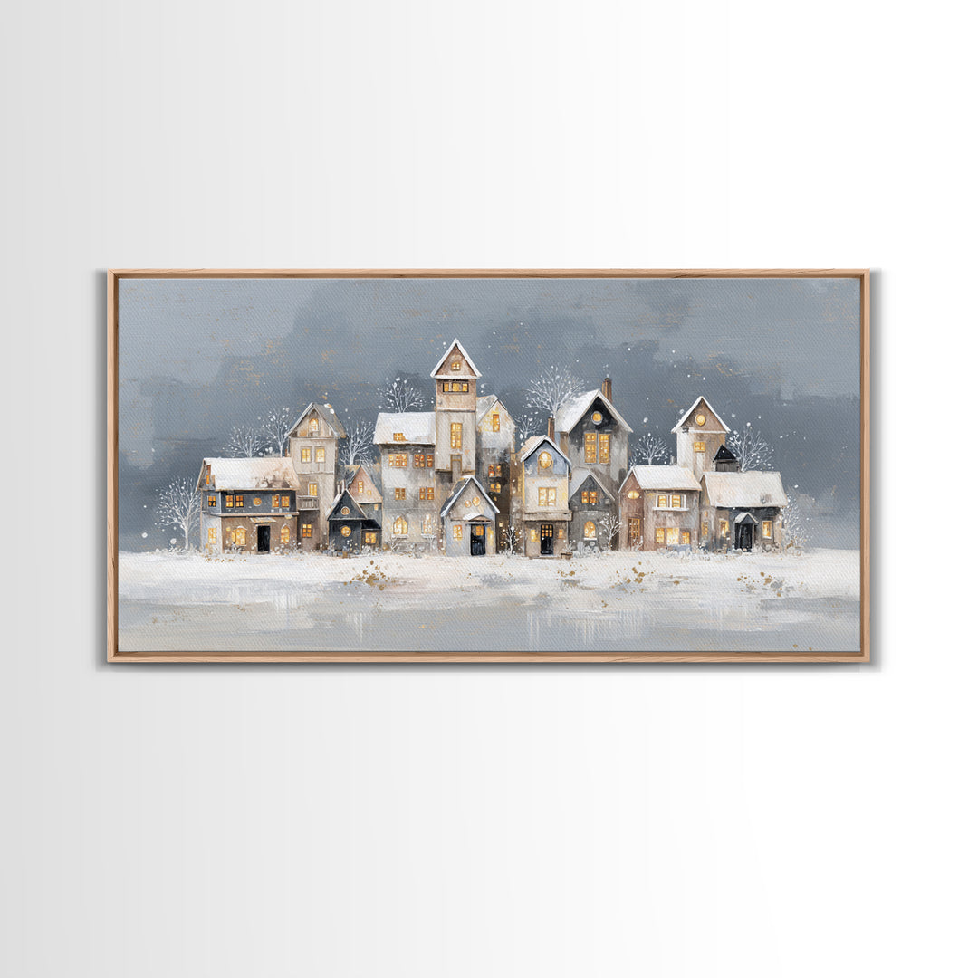 Snowy Village with Warm Glowing Windows Framed Canvas Print, Impressionist Art, Art Print, Living Room Decor, Impression, IMP-2x1-33