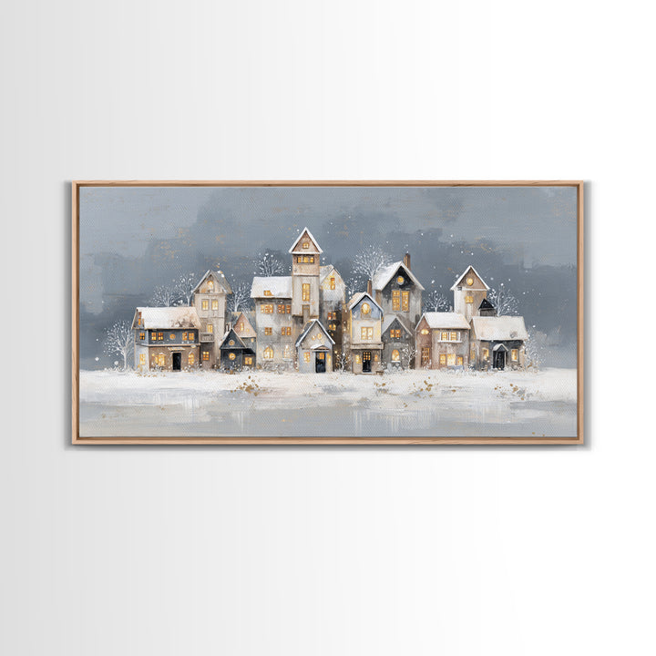 Snowy Village with Warm Glowing Windows Framed Canvas Print, Impressionist Art, Art Print, Living Room Decor, Impression, IMP-2x1-33
