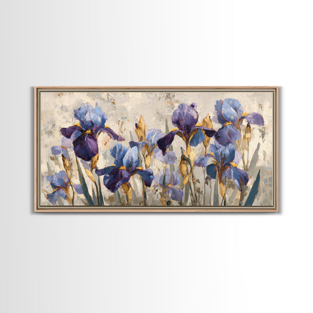 Iris Garden with Blue Violet Strokes Framed Canvas Print, Impressionist Art, Wall Decor, Living Room Decor, Impression, IMP-2x1-40