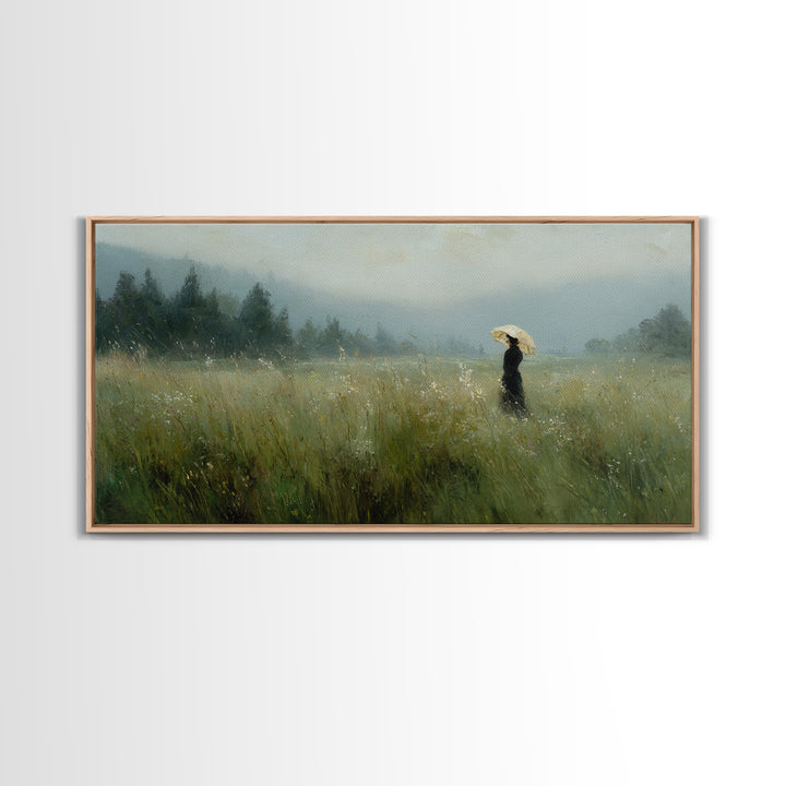 Woman with Parasol in Breezy Meadow Canvas Print, Impressionist Art, Horizontal Wall Art, Living Room Decor, Oil Painting, IMP-2x1-47