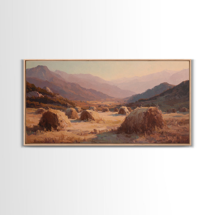 Haystacks Glowing at Golden Hour Canvas Print, Impressionist Art, Art Print, Living Room Decor, Fine Art, Impression, IMP-2x1-48