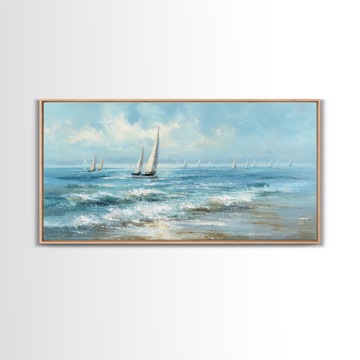 Sailboats on a Bright Sparkling Harbor Canvas Print, Impressionist Art, Horizontal Wall Art, Living Room Decor, Oil Painting, IMP-2x1-53