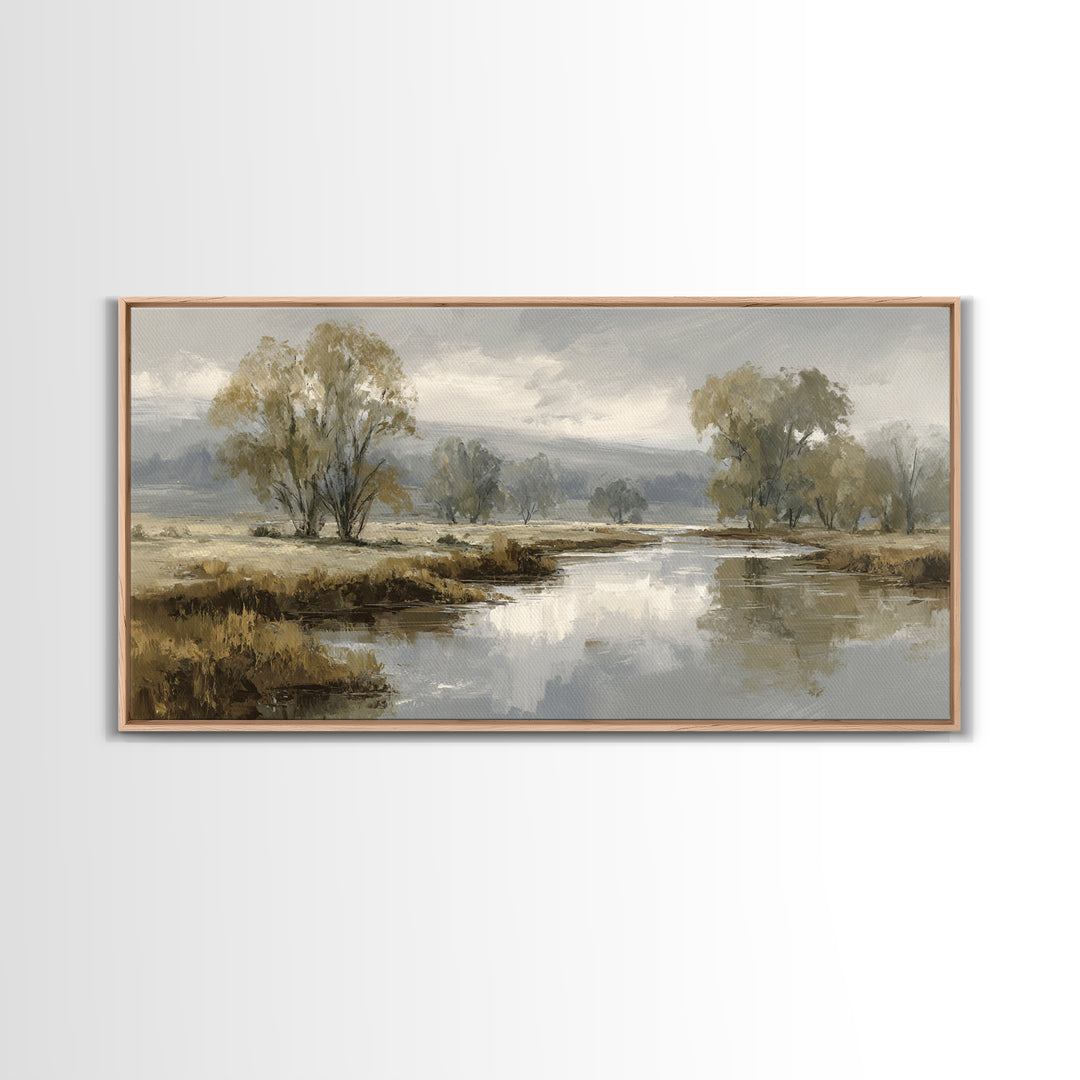 Misty Riverbank with Willow Trees Framed Canvas Print, Impressionist Art, Modern Wall Art, Living Room Decor, Impression, IMP-2x1-55