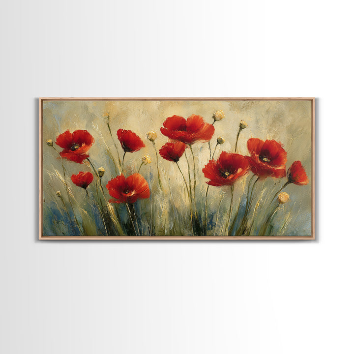 Poppies Blowing Through Green Grass Framed Canvas Print, Impressionist Art, Original Painting, Living Room Decor, Impression, IMP-2x1-56