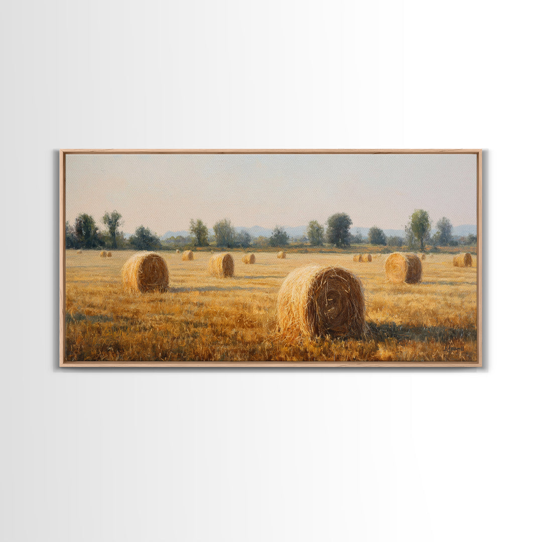 Haystacks Glowing at Golden Hour Framed Canvas Print, Impressionist Art, Bedroom Decor, Living Room Decor, Fine Art, Impression, IMP-2x1-72