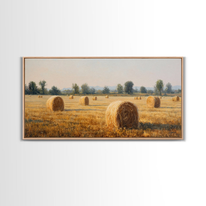 Haystacks Glowing at Golden Hour Framed Canvas Print, Impressionist Art, Bedroom Decor, Living Room Decor, Fine Art, Impression, IMP-2x1-72