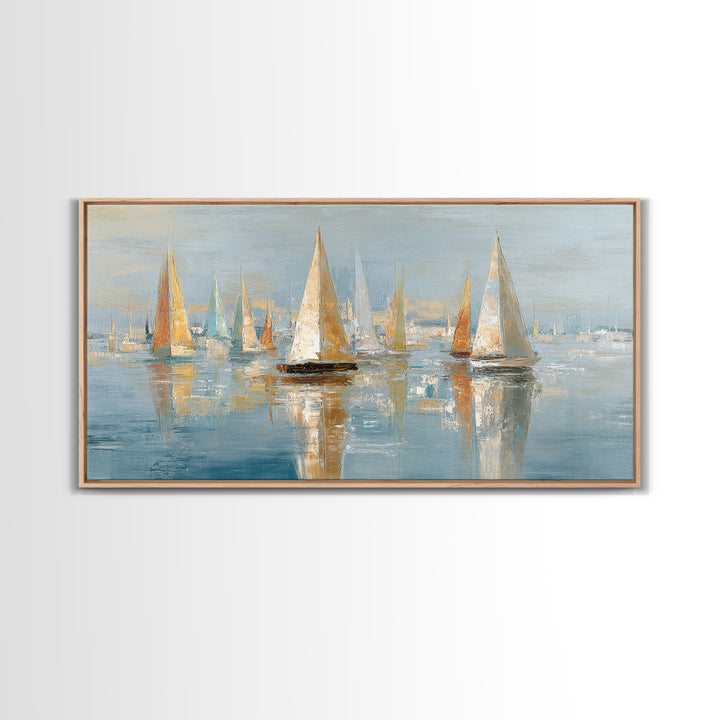 Sailboats on a Bright Sparkling Harbor Canvas Print, Impressionist Art, Horizontal Wall Art, Living Room Decor, Oil Painting, IMP-2x1-77