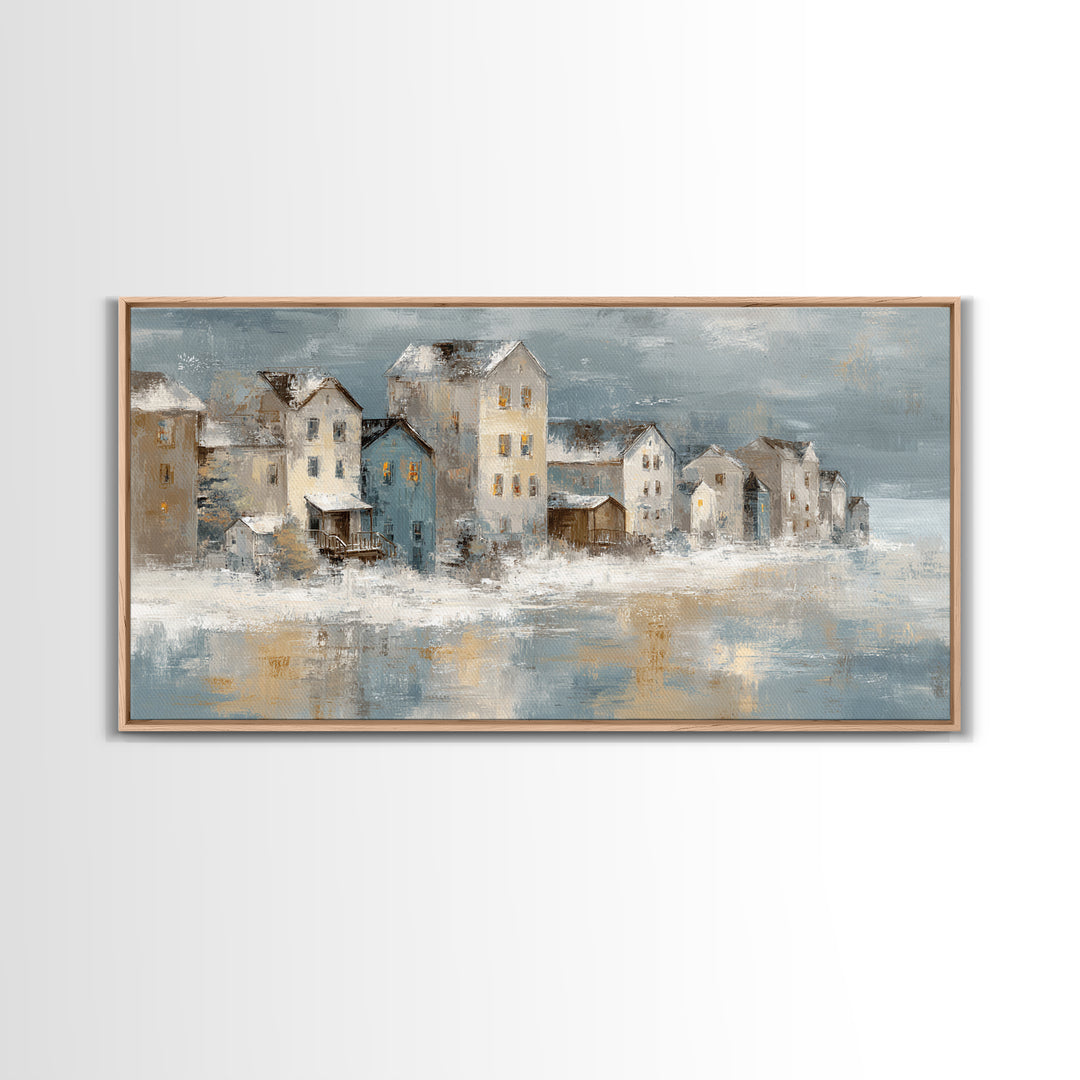 Snowy Village with Warm Glowing Windows Canvas Print, Impressionist Art, Wall Art Framed, Living Room Decor, Impression, IMP-2x1-81