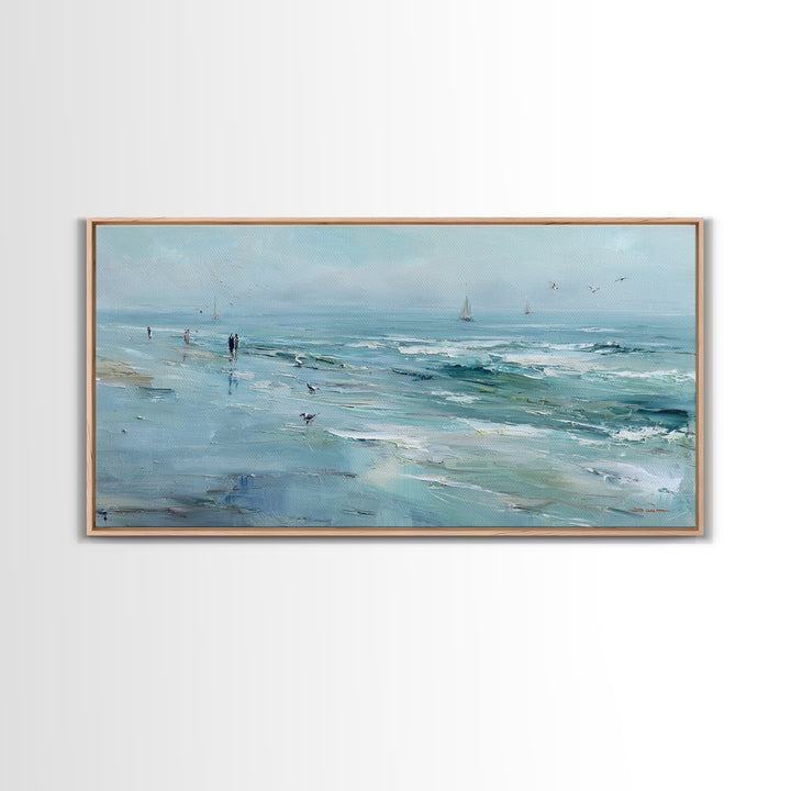 Coastal Beach Figures Framed Canvas Print, Impressionist Art, Gallery Wall Art, Living Room Decor, Oil Painting, Impression, IMP-2x1-87