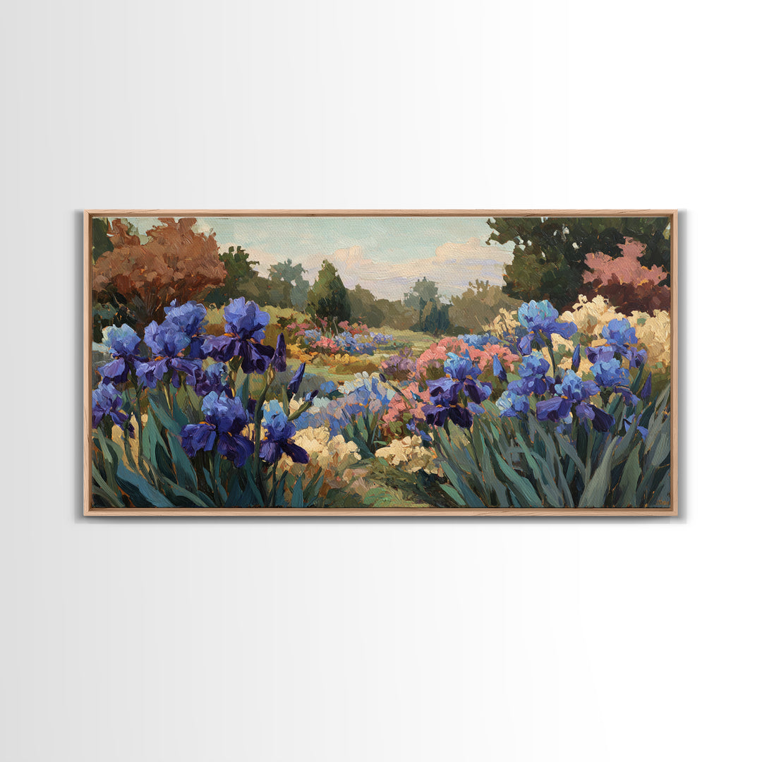 Iris Garden with Blue Violet Strokes Framed Canvas Print, Impressionist Art, Living Room Decor, Watercolor Art, Impression, IMP-2x1-88