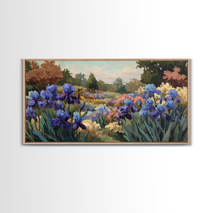 Iris Garden with Blue Violet Strokes Framed Canvas Print, Impressionist Art, Living Room Decor, Watercolor Art, Impression, IMP-2x1-88