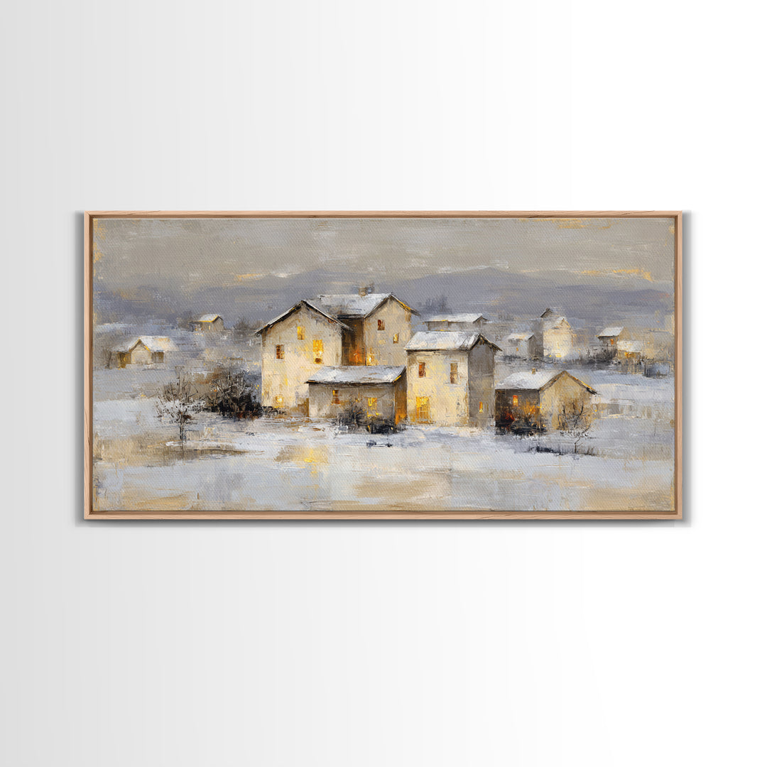 Snowy Village with Warm Glowing Windows Framed Canvas Print, Impressionist Art, Art Print, Living Room Decor, Impression, IMP-2x1-9