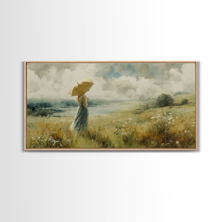 Woman with Parasol in Breezy Meadow Framed Canvas Print, Impressionist Art, Neutral Decor, Living Room Decor, Impression, IMP-2x1-95