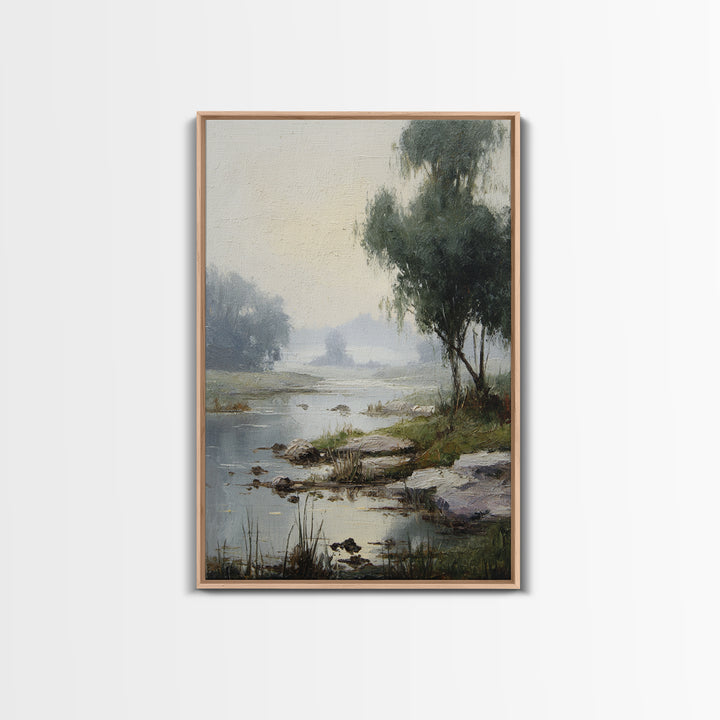 Misty Riverbank with Willow Trees Framed Canvas Print, Impressionist Art, Contemporary Art, Living Room Decor, Impression, IMP-2x3-19