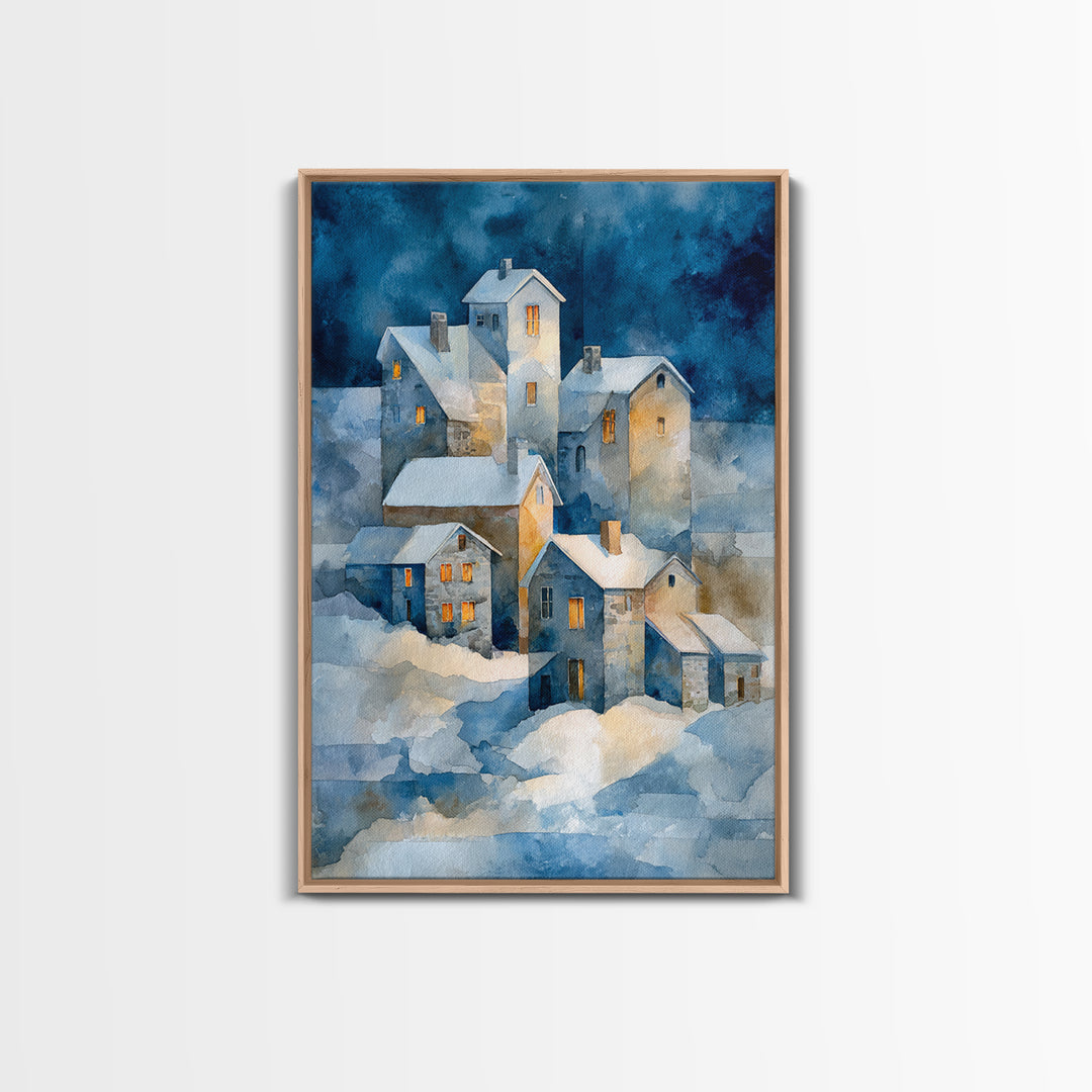 Snowy Village with Warm Glowing Windows Framed Canvas Print, Impressionist Art, Oil Painting, Living Room Decor, Impression, IMP-2x3-21