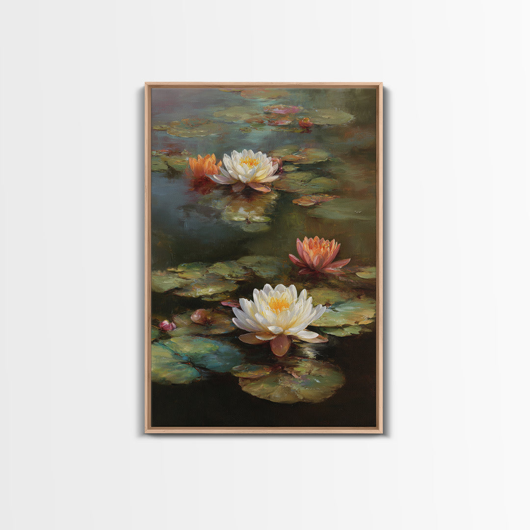 Water Lilies Floating on a Sunlit Pond Canvas Print, Impressionist Art, Wall Art Framed, Living Room Decor, Impression, IMP-2x3-33