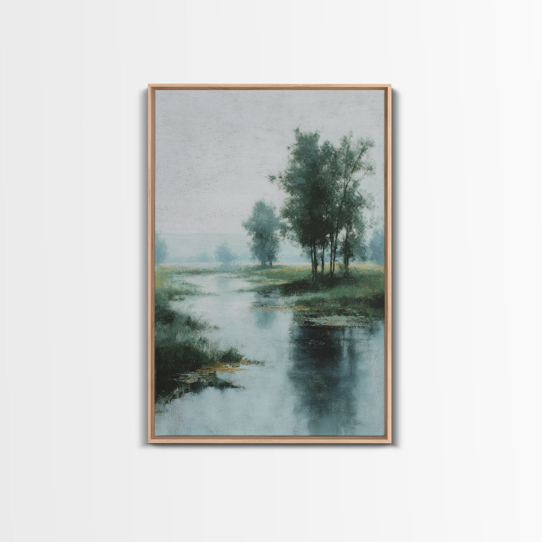 Misty Riverbank with Willow Trees Framed Canvas Print, Impressionist Art, Textured Wall Art, Living Room Decor, Impression, IMP-2x3-43