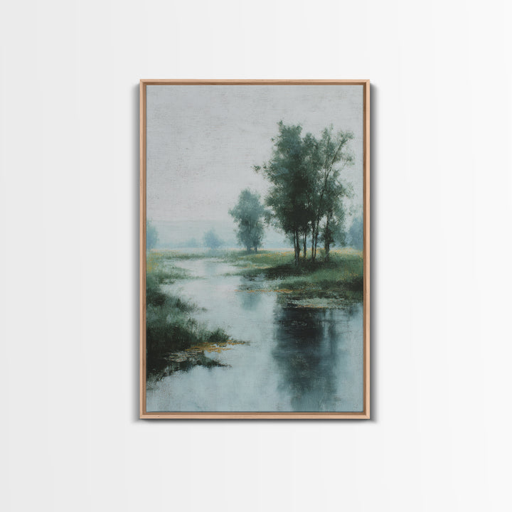 Misty Riverbank with Willow Trees Framed Canvas Print, Impressionist Art, Textured Wall Art, Living Room Decor, Impression, IMP-2x3-43