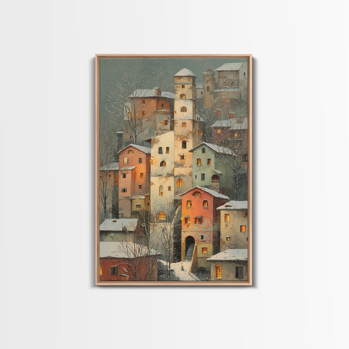 Snowy Village with Warm Glowing Windows Canvas Print, Impressionist Art, Farmhouse Decor, Living Room Decor, Impression, IMP-2x3-45