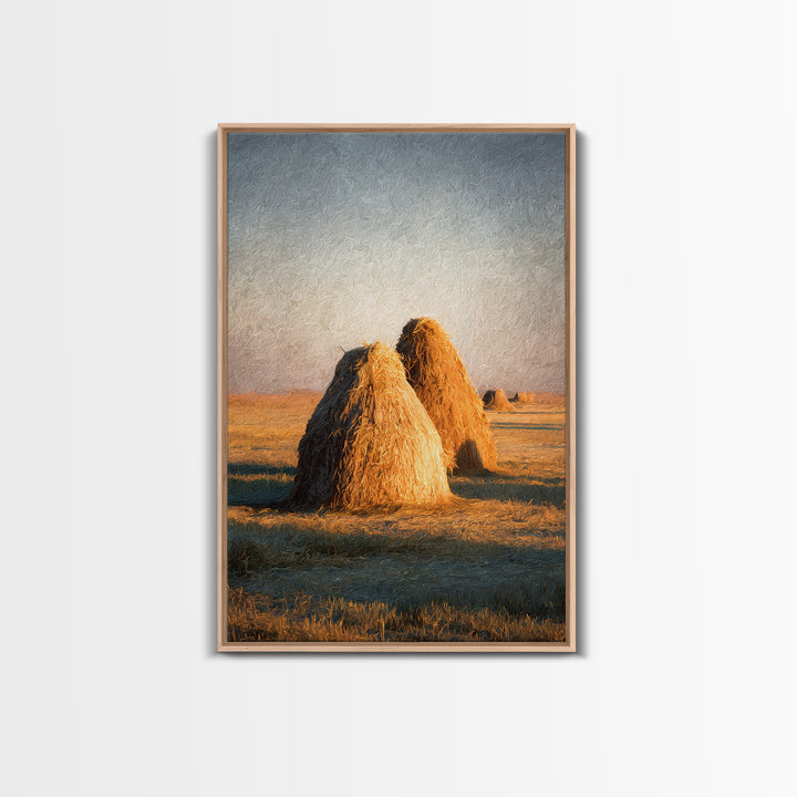 Haystacks Glowing at Golden Hour Framed Canvas Print, Impressionist Art, Bedroom Decor, Living Room Decor, Fine Art, Impression, IMP-2x3-60