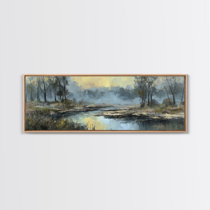 Misty Riverbank with Willow Trees Framed Canvas Print, Impressionist Art, Textured Painting, Living Room Decor, Impression, IMP-3x1-27