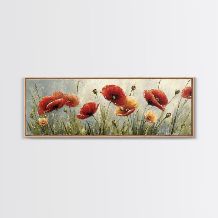 Poppies Blowing Through Green Grass Framed Canvas Print, Impressionist Art, Living Room Art, Living Room Decor, Oil Painting, IMP-3x1-28