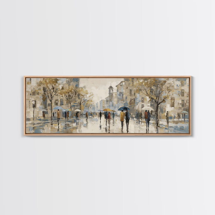 Rainy Boulevard with Umbrella Shapes Canvas Print, Impressionist Art, Landscape Painting, Living Room Decor, Impression, IMP-3x1-37