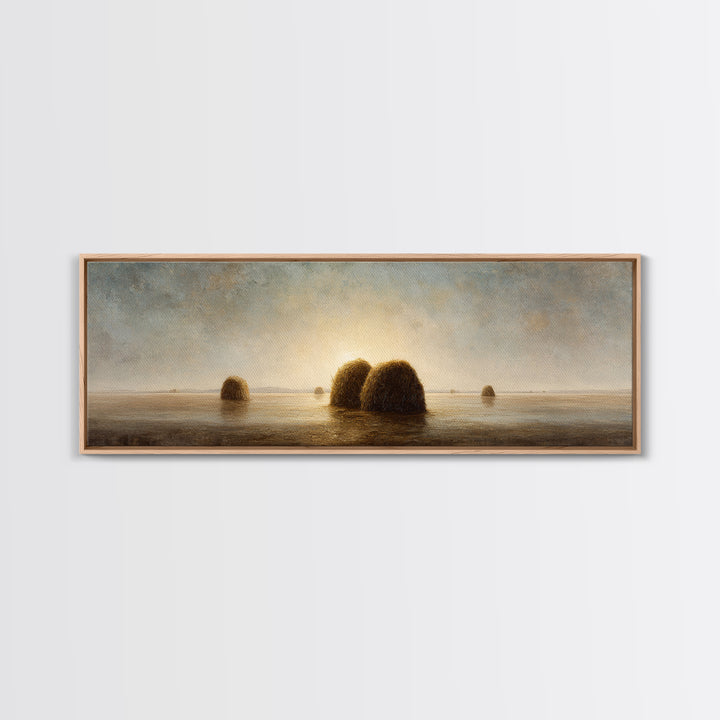 Haystacks Glowing at Golden Hour Framed Canvas Print, Impressionist Art, Modern Decor, Living Room Decor, Fine Art, Impression, IMP-3x1-44