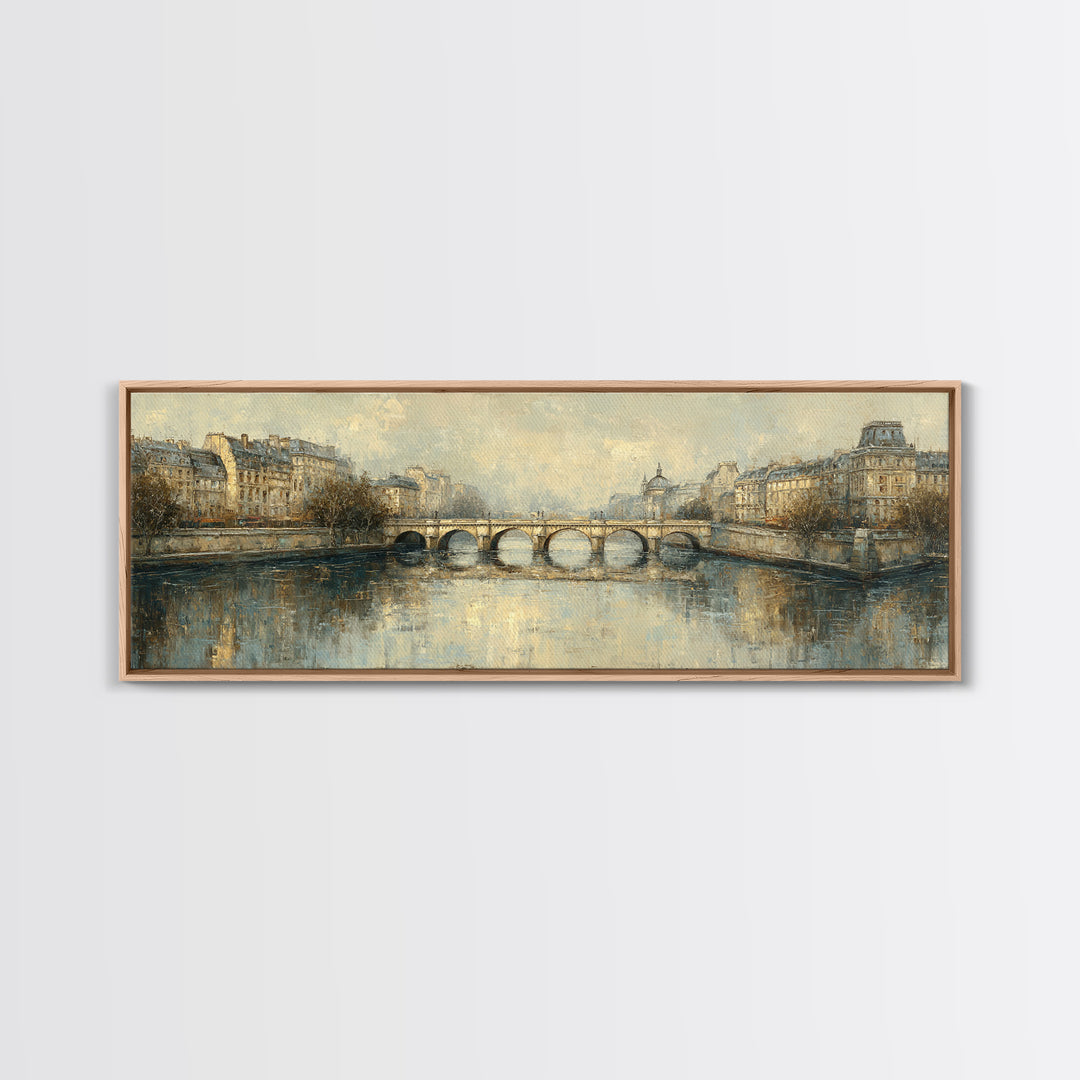 Paris Bridge Reflected Framed Canvas Print, Impressionist Art, Oil Painting, Living Room Decor, Impression, Coastal Wall Art, IMP-3x1-47