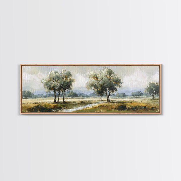 Misty Riverbank with Willow Trees Framed Canvas Print, Impressionist Art, Large Wall Art, Living Room Decor, Impression, IMP-3x1-51