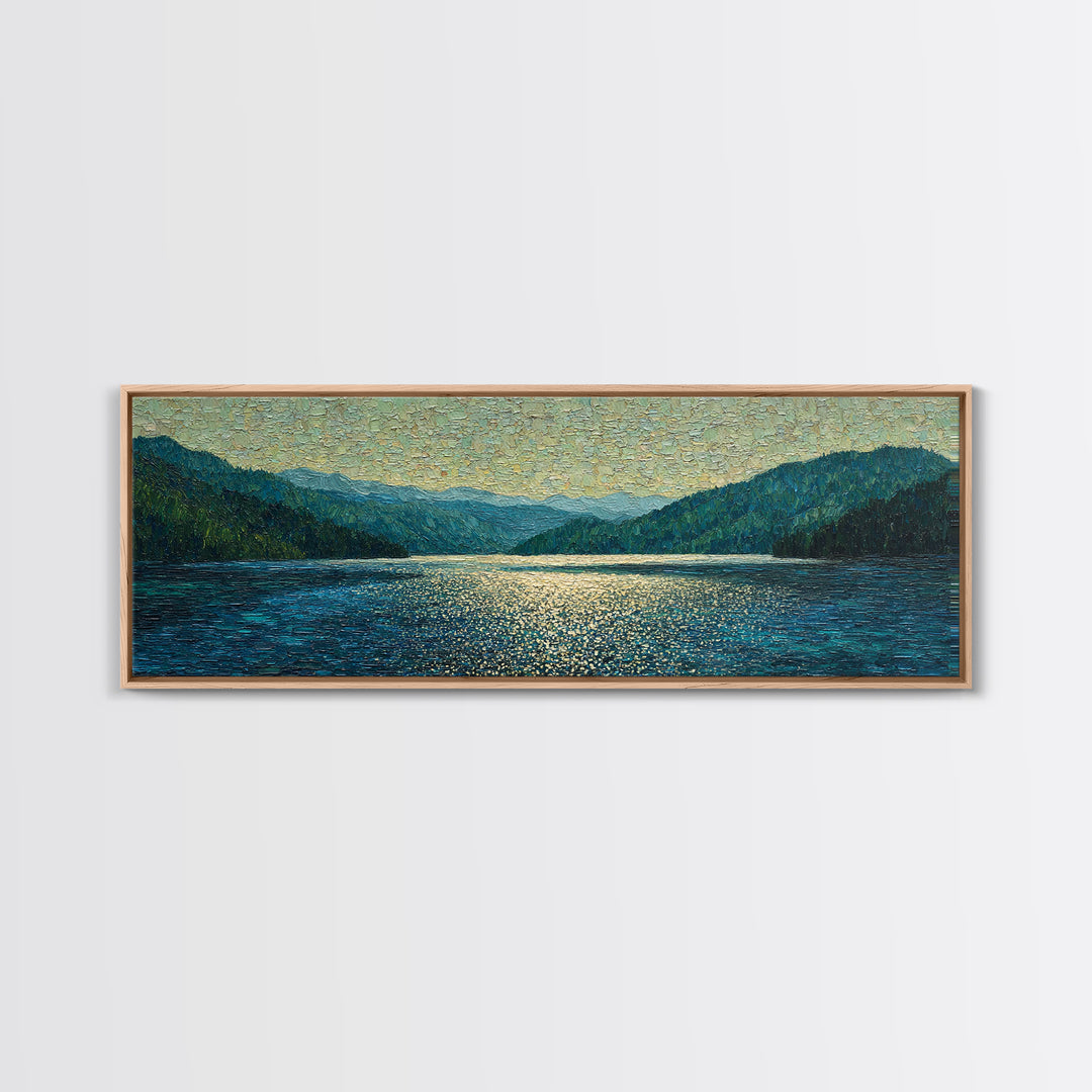 Mountain Lake with Sparkling Reflections Framed Canvas Print, Impressionist Art, Luxury Decor, Living Room Decor, Impression, IMP-3x1-64
